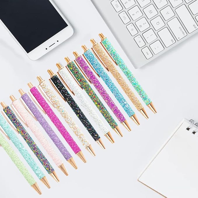 9 Pcs Fancy Pens for Women Glitter Colorful Ballpoint Pens Metal Retractable Pens Black Ink Medium Point 1.0 mm Pretty Cute Sequins Pens Journaling Pens for Women Girls (Fresh style)