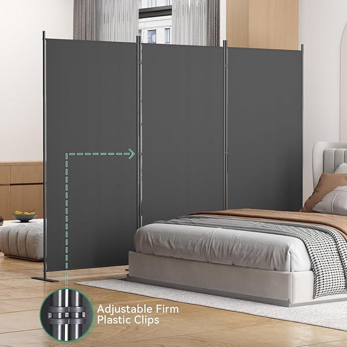 Helios&Hestia 3-Panel 6 ft Tall Indoor Folding Room Divider, Portable Privacy Screen, Freestanding Partition Separator, Temporary Wall Separation for Bedroom, Office, 102" W X 71" H, Dark Grey