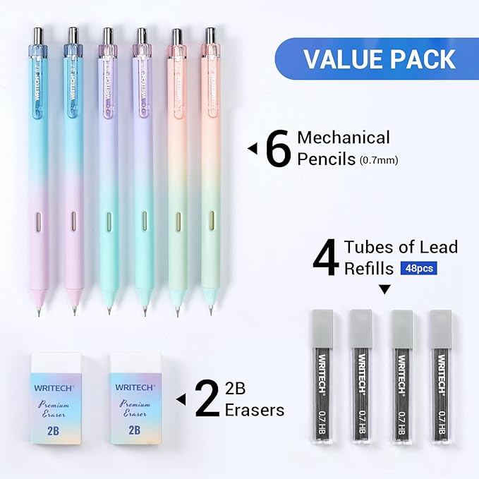 WRITECH Up Mechanical Pencil Set: 6ct Gradient Barrel 0.7mm Mechanical Pencils with 4 Tubes of HB Lead Refills and 2 Extra Erasers for Writing Drawing Sketching Drafting