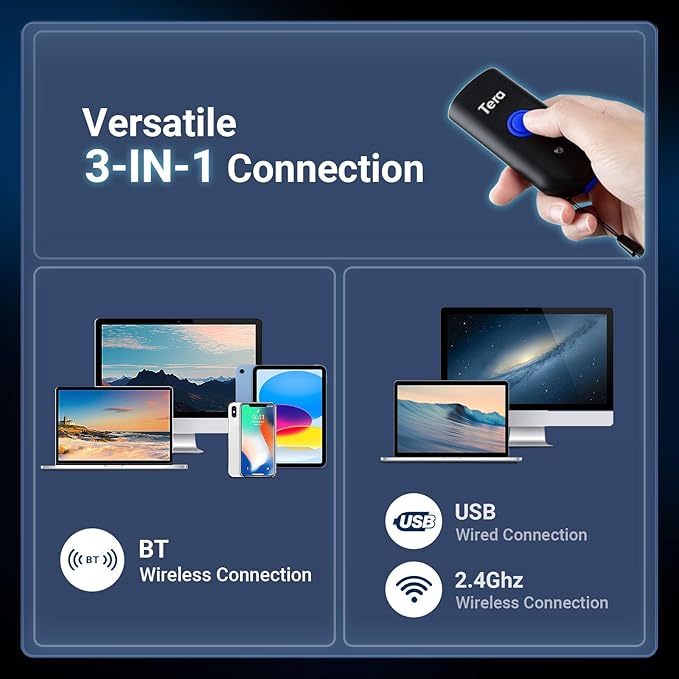 Tera Mini 1D Barcode Scanner: Pocket Waterproof Wireless Laser Scanner 3 in 1 Compatible with Bluetooth USB Wired Portable Bar Code Reader for Supermarket Logistics Work with iOS Windows Android 1100L