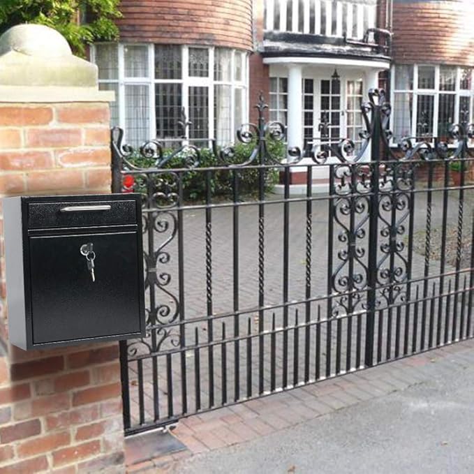 KYODOLED Steel Key Lock Mail Boxes for Outside, Locking Wall Mount Mailbox, Security Key Drop Box,12H x 10.51L x 4.68W Inches, Black Large