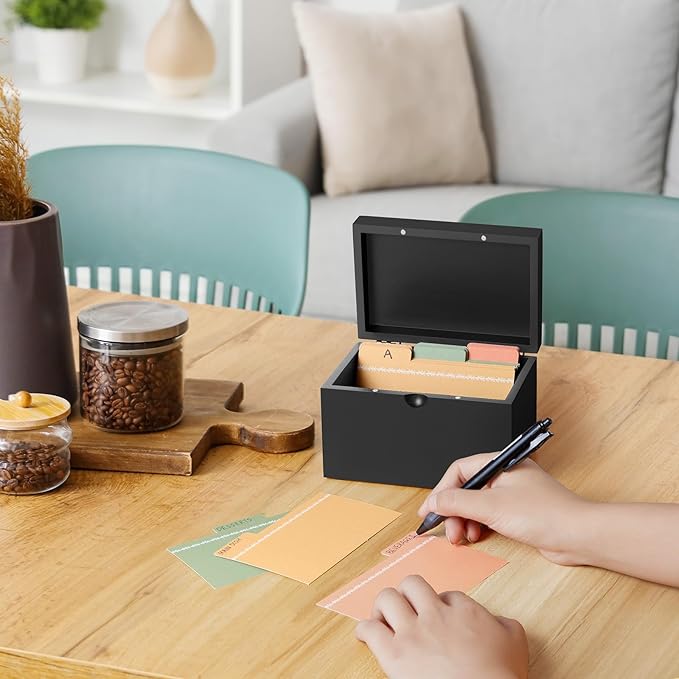 DRASTAR Index Card Holder 3x5, Wooden Index Card Organizer Box with 45 Index Card Dividers, Flashcard Notecard Holders for Home Office, Black