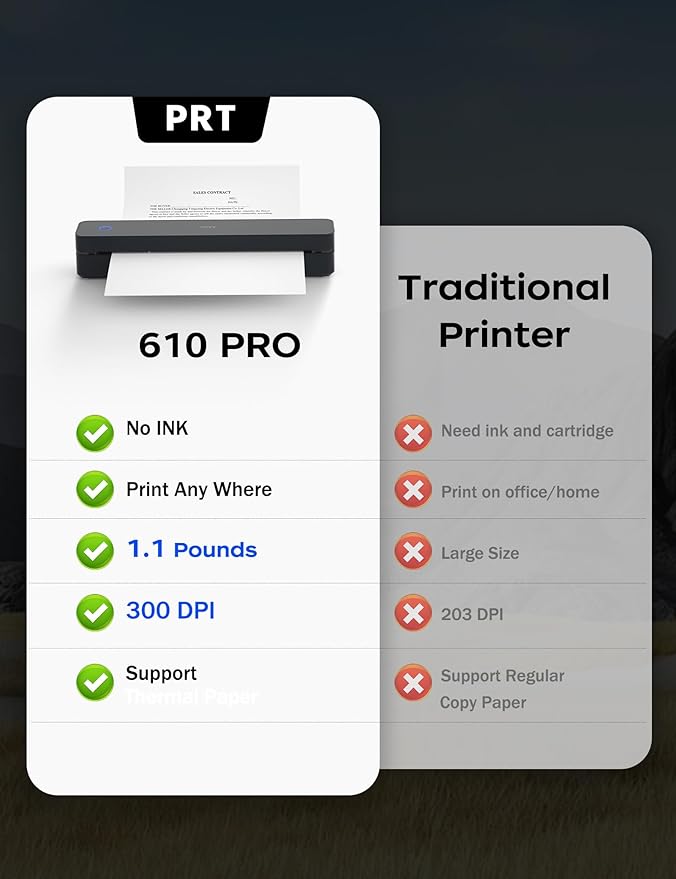 PRT Portable Printer Wireless for Travel, Inkless Bluetooth Small Mobile Thermal Printer, Support 8.5" X 11", A4, Compatible with iOS, Android, Laptop for Home Use, Office & Vehicles, 300 DPI, Black