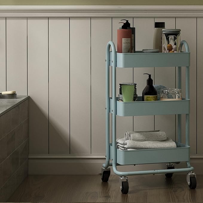 3-Tier Rolling Cart with Wheels,Kitchen Storage Carts or Metal Rolling Utility Cart with Handle,Movable Storage Organizer,Blue Carts for Nursery, Kitchen, Bathroom, Craft Room(13.4"x18.1"x31")