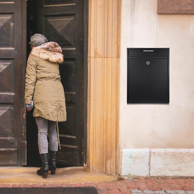 Locking Mailbox with Key for Outdoor 18 x 15 x 7 Inches Large Wall Mount Mail Box with Lock Security Mail Drop Metal Collection Boxes Hanging Secure Postbox(Black)