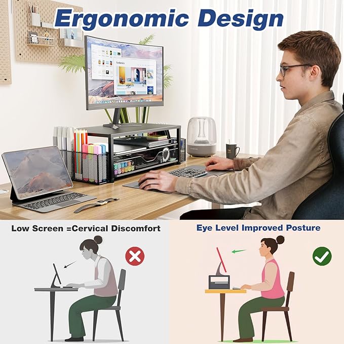 Desk Organizers and Accessories, 2-Tier Computer Monitor Stand for Desk Organizer with Drawer and 2 Pen Holders, Office Desk Accessories Workspace Desktop Organizers for Office Supplies, Blue