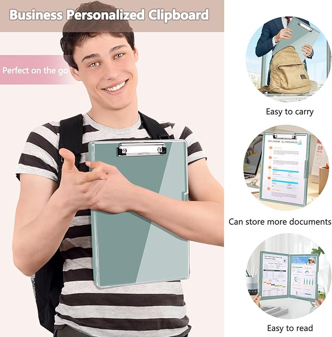 Clipboard with Storage,Heavy Duty Clip Boards 8.5x11 with 2 Storage Case,Clear Visible Top Panel Storage Clipboards,Side Open Clip Boards,Nursing Clipboard Folder Case for Office Supplies-Dark Green