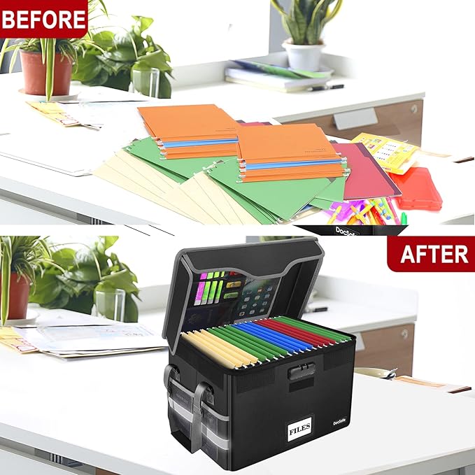 DocSafe File Box Fireproof Document Box with Lock,File Storage Organizer Box with Insert Pockets,Collapsible Portable File Box Home Office File Cabinet for Hanging Letter/Legal Folders,Black,2 Pack