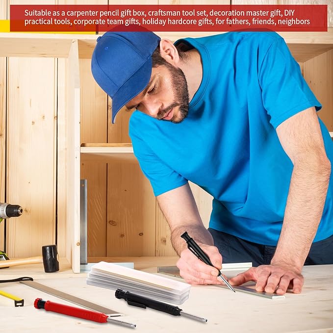 8 pack 2.8mm Mechanical Carpenter Pencils with 48 Refills, Construction Pencils with Built-in Sharpener, Long Nib Deep Hole Marker, Heavy Duty Woodworking Tools (Black+red)