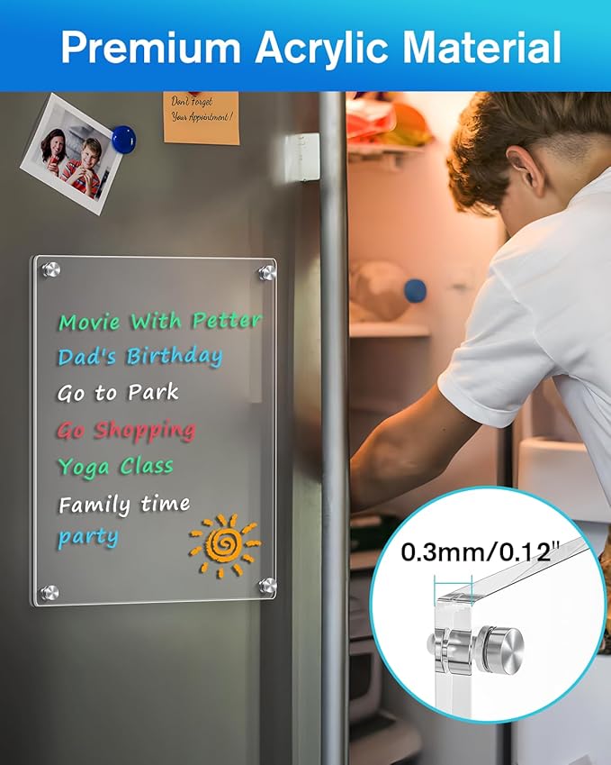 MaxGear Small Magnetic Dry Erase Board for Refrigerator, 12"X 8" Acrylic Magnetic Whiteboard for Fridge Clear White Board Kitchen Menu Board Memo Note Planner, Includes 4 Markers, 1 Cloth