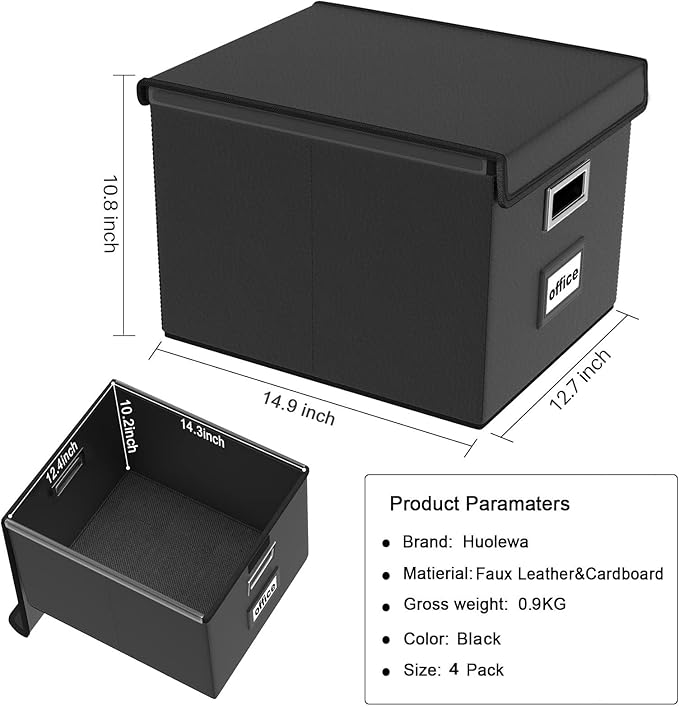 Huolewa Portable Leather File Organizer Boxes with Lids, Office Document Boxes Organizer, Filing Boxes, Decorative Small File Boxes for Hanging Files with Plastic Slide for Office/Decor/Home