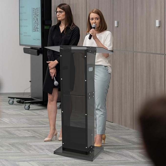 Acrylic Podium Stand with Storage Shelf,Segmented Black Lecterns & Podiums,Pulpits for Churches、Conference、Speeches、Weddings、Classroom、Concert,43" H Professional Presentation Podiums