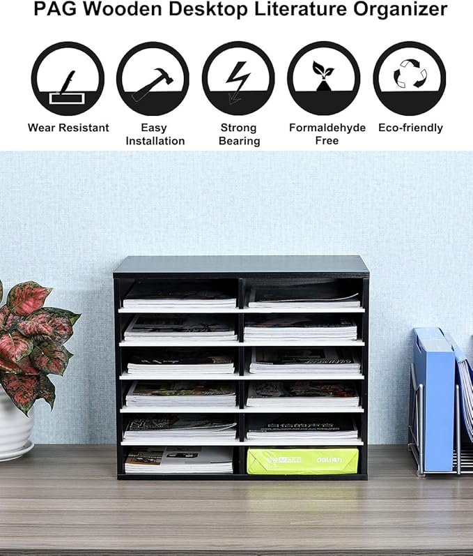 PAG Countertop Mail Sorter Organizer, Wooden Literature Organizer, Student Mailbox for Classroom, Desktop Bill Organizer for Office Home School, 12 Compartments, Black&White