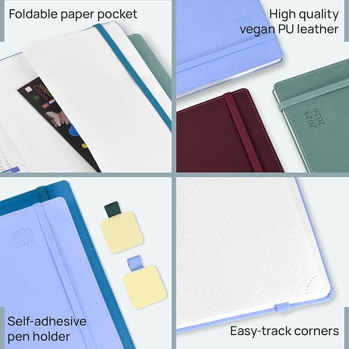 POPRUN Weekly Planner 2025-2026, 7.25'' x 8.5'', 15-Minute Hourly Appointment Book (July 2025-June 2026) with PU Leather Softcover, Monthly Tabs, Inner Pocket - Claret