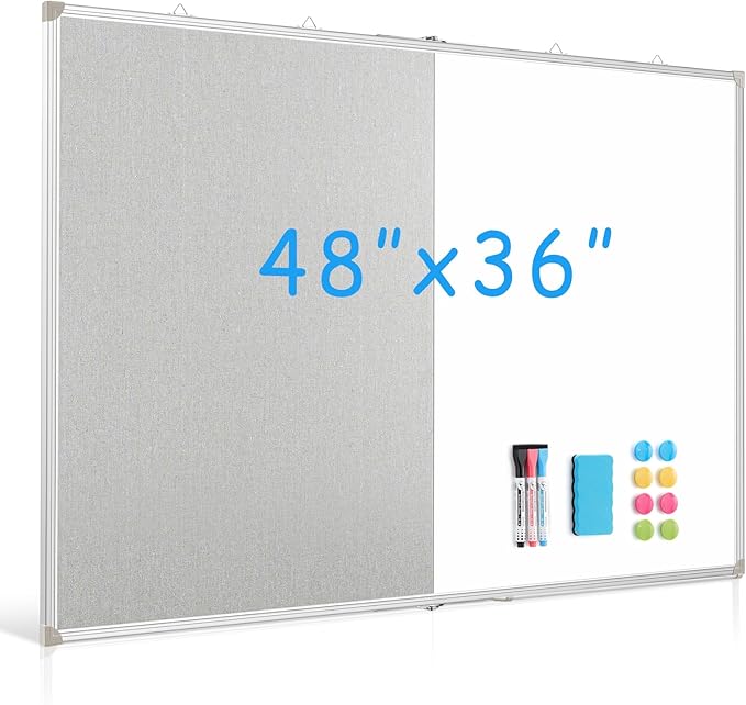 DOLLAR BOSS Foldable Linen Cork Board White Board Combo 48 x 36 in Extra Large Magnetic Whiteboard Dry Erase Bulletin Board Portable Double Sided Aluminum Frame Pin Board for School Office, Grey