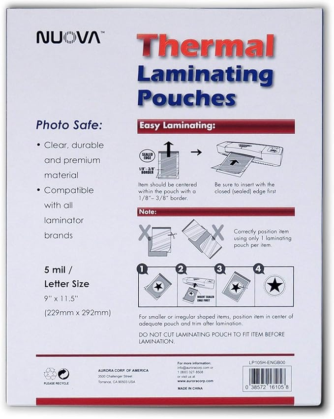 Nuova 100-Pack, 5 Mil Thermal Laminating Pouches 9 x 11.5 Inches, Letter Size, LP105H