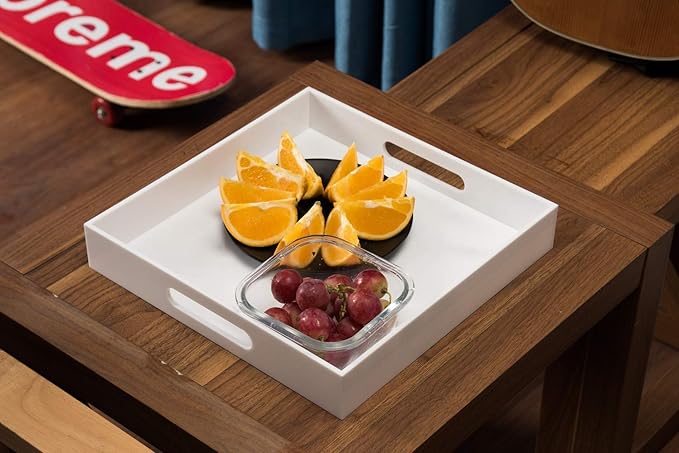 Glossy White Sturdy Acrylic Serving Tray with Handles-12x12Inch-Serving Coffee,Appetizer,Breakfast,Butler-Kitchen Countertop -Cosmetics Organizer-Vanity Table Tray-Ottoman Tray-Decorative
