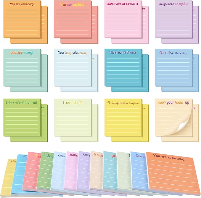 Yinder 24 Pcs Inspirational Sticky Notes with Lines Cute Motivational Sticky Notes Pad Employee Appreciation Gifts Bulk for Teacher Nurse Coworkers Office Supplies 3 x 3''(Light Color,Inspirational)