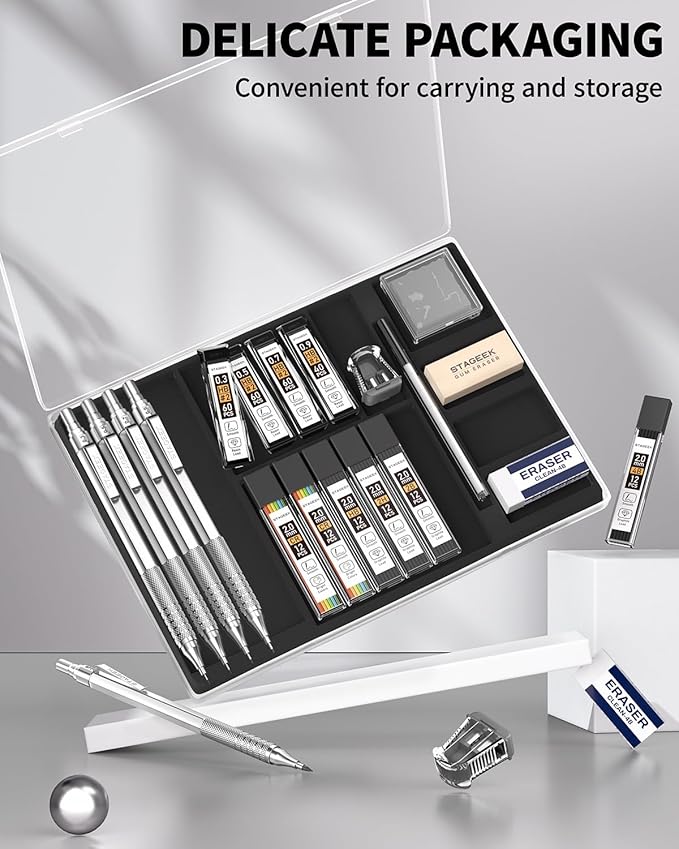 21PCS Metal Mechanical Pencil Set, Art Lead Pencil 0.3, 0.5, 0.7, 0.9, 2mm Holder(HB 2H 2B 4B Color) with 10 Tubes Graphite Lead Refills Eraser with Case for Drafting Drawing Sketching