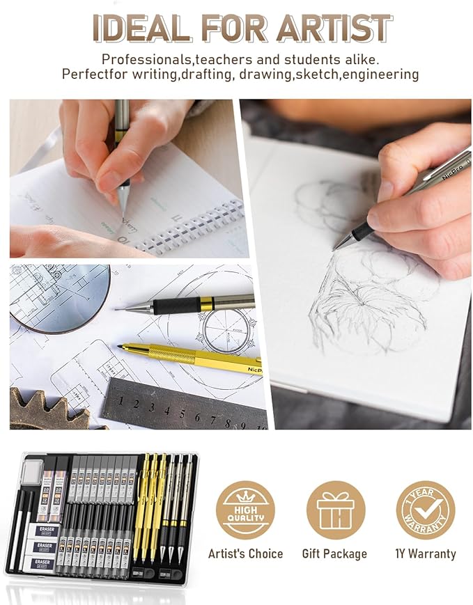 Nicpro 37PCS Gold Art Mechanical Pencil Set, 4PCS Metal Drafting Pencil 0.3/0.5/0.7/0.9 mm & 2PCS 2mm Lead Holder (6B 4B 2B HB 2H 4H) School Supplies for Sketching Drawing with 23 Tube Lead Refills