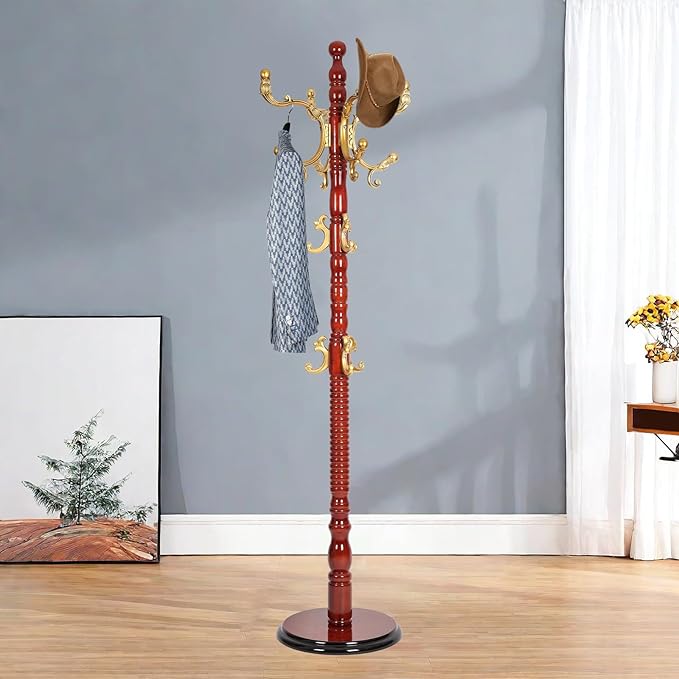 Solid Wood Coat Rack – 73" Freestanding Coat Racks Stand with 14 Hooks & Stable Base, Adjustable Height Modern Wooden Hall Tree for Entryway, Bedroom, Office, Home (Begonia Round)
