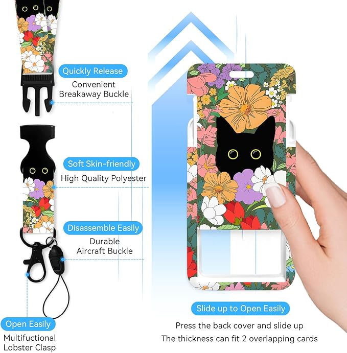 Cute Cat Hidden in The Flowers Badge Holder with Retractable Reel and Breakaway Lanyard,Badge Clips Retractable Heavy Duty Badge Reel,ID Holder with Breakaway Lanyard for School Nurse Office Teen 