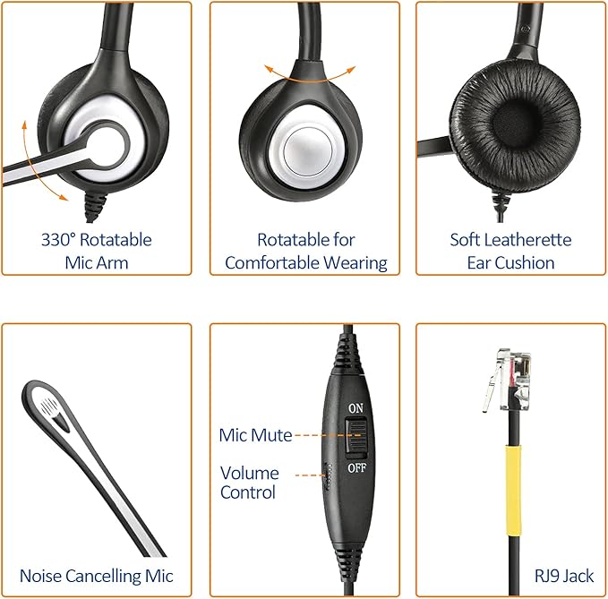 Telephone Headset with Microphone Noise Cancelling, RJ9 Phone Headset Compatible with Volume Adjustment Mute Control Switch for Call Center Office
