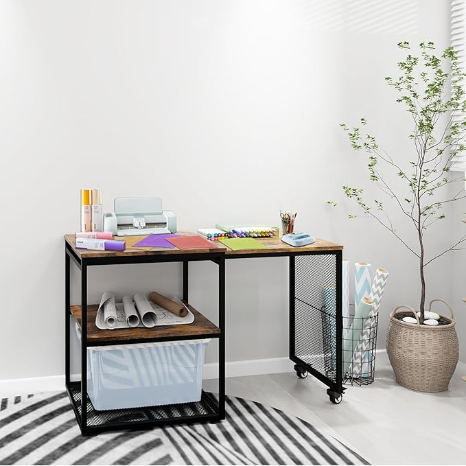 Natwind Large Printer Stand with Storage Shelves,Extendable Home Craft Table,Home Office Organization Desk, Versatile Table for Home Office, Kitchen, Study Room, Living Room (Retro)