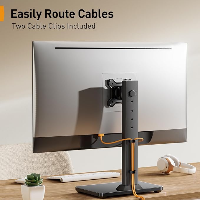 Perlegear Monitor Stand, Freestanding Monitor Mount for 13-34 inch Screens with 360 Degree Rotation, 5 Height Settings, Adjustable Desk Riser with Swivel and Tilt, Max VESA 100x100mm, PGTVS29