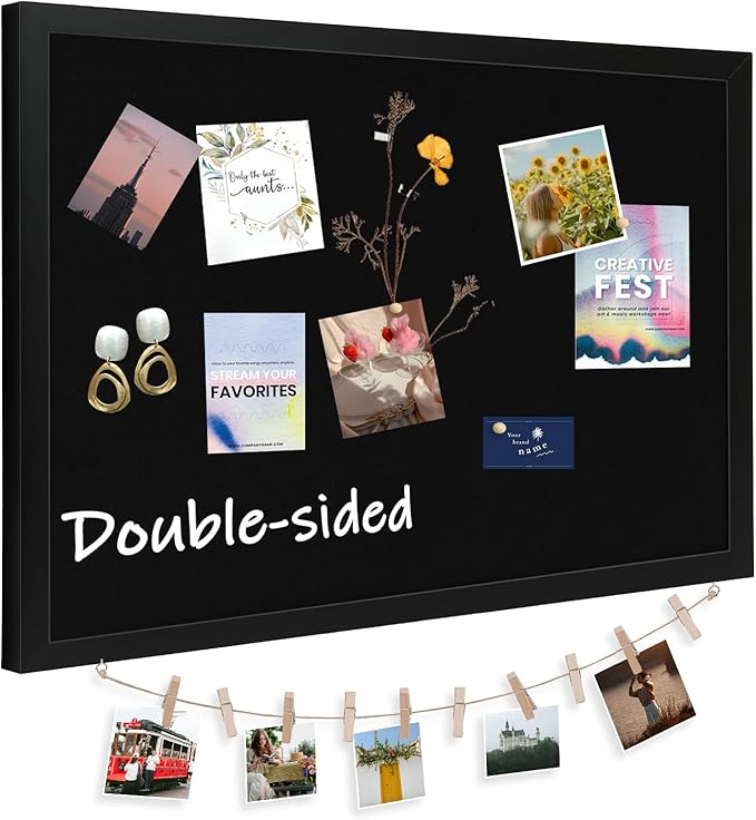 DOLLAR BOSS Large Black Cork Board Double-Sided Bulletin Board with Linen 24''x 18'', Black Cork Boards for Walls Wood Frame Hanging Pin Board, Cork Board for Office Home School 1-Pack