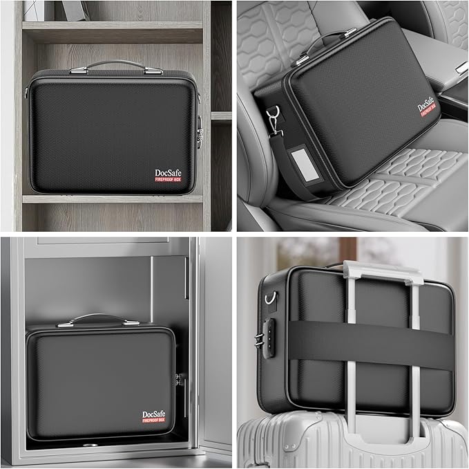 DocSafe Fireproof Document Box with Lock&Shoulder Strap, Hard-Shell Case File Organizer with Accordion File Folder, Multi-Layer Portable Home Office Travel Safe Storage for Important Documents Laptop