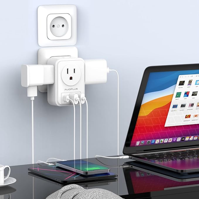 European Travel Plug Adapter, AUOPLUS International Power Plug Adapter with 3 USB Ports (1 USB C), 4 AC Outlets Cruise Ship Essentials for US to Most of Europe Spain Italy France Germany