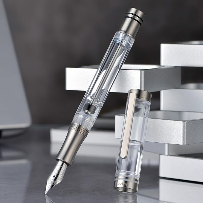 Asvine V200 Titanium Fountain Pen Vacuum Filling, Iridium Medium Nib Clear Transparent Acrylic Smooth Writing Pen Case Set