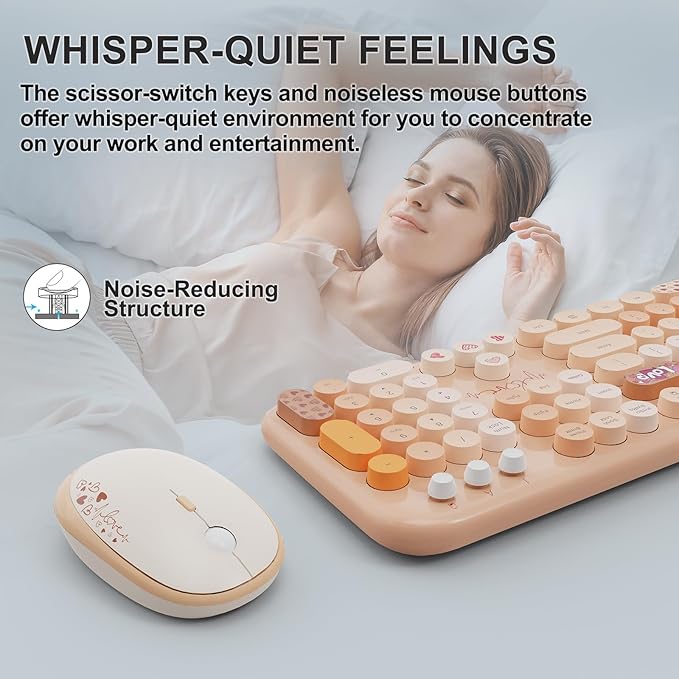 FOPETT Wireless Keyboard and Mouse Combo - 2.4G Full-Sized Cute Colorful Retro Keyboard with Round Keycaps 104 Keys Typewriter Keyboard for Laptop/Windows/PC - Milk Tea Colorful