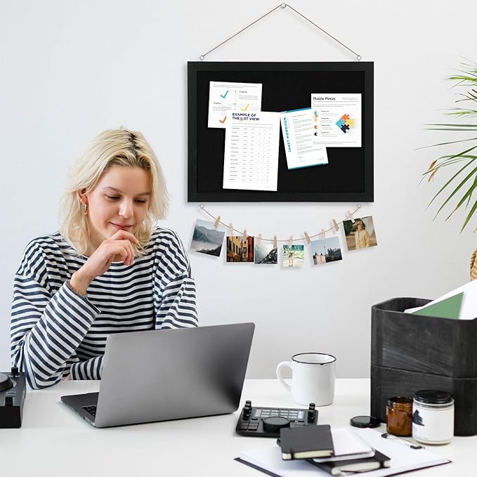 DOLLAR BOSS Black Cork Board with Linen Double-Sided 16''X 12'', Black Cork Boards for Walls, Wood Frame Bulletin Board Hanging Pin Board, Cork Board for Office Home School 1-Pack