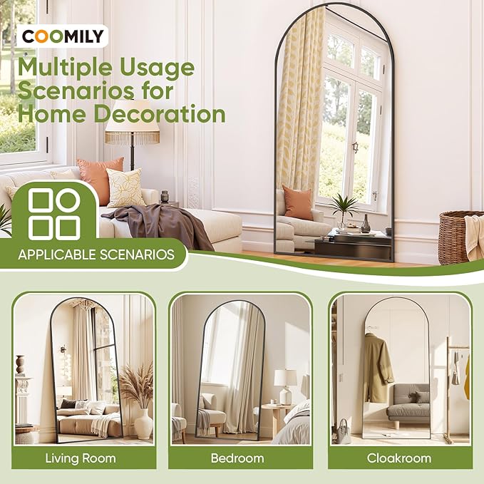 Full-Length Floor Mirror with Stand, 71"x26" Arched Style Full Body Standing Mirror for Bedroom, Living Room, Gym, Dorm - Shatter-Resistant & Easy Assembly, Black