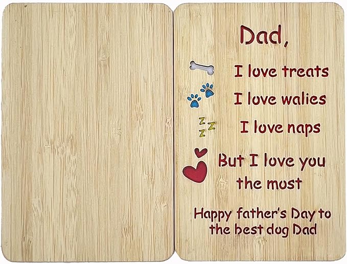 Handmade Bamboo Funny Dog Dad Fathers Day Card from Son Daughter, Cute Dog Dad Gifts for Men, Wooden Happy Fatherâs Day Card for Him