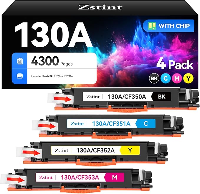 130A Toner Cartridge Set(4-Pack Black Cyan Yellow Magenta) High Yield Replacement for HP 130A CF350A CF351A CF352A CF353A Compatible with HP Color Laserjet Pro MFP M176n M177fw Printer Ink M176 M177