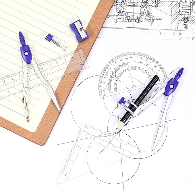 Math Geometry Kit Sets 10 Piece Student Supplies with Shatterproof Storage Box,Includes Rulers,Protractor,Compass,Eraser,Pencil Sharpener,Lead Refills,Pencil,for Drafting and Drawings(Purple)