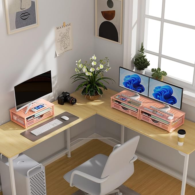 gianotter Computer Monitor Stand Riser, office organizer with Drawer, Office Organizers Storage for Classroom Office Supplies (Rose)
