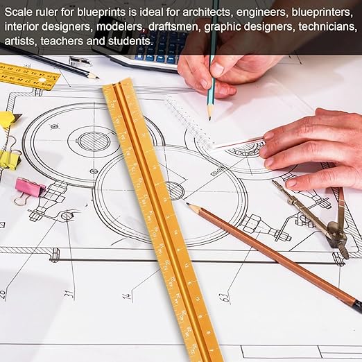 Aluminum Architectural Scale - 12" Imperial, Triangle Drafting Ruler (Golden)