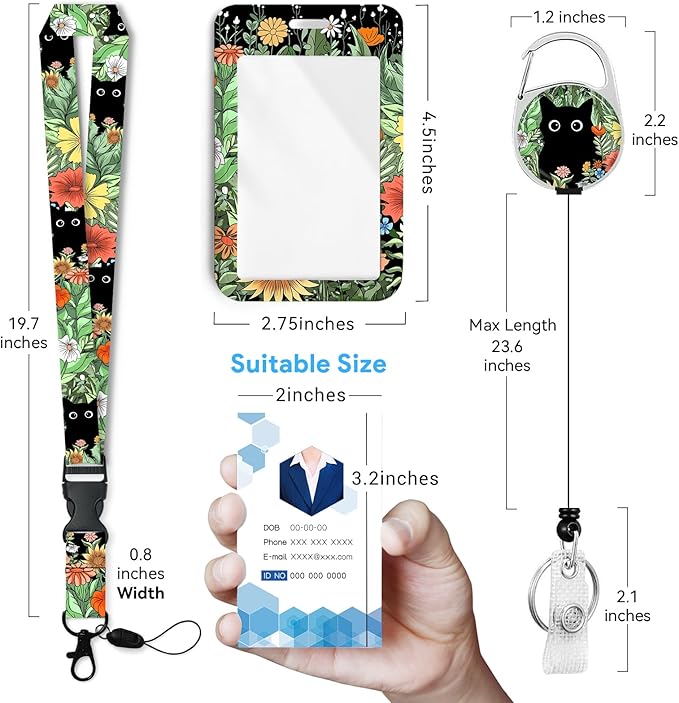 Cute Cat Hidden in The Flowers Badge Holder with Retractable Reel and Breakaway Lanyard,Badge Clips Retractable Heavy Duty Badge Reel,ID Holder with Breakaway Lanyard for School Nurse Office Teen 2