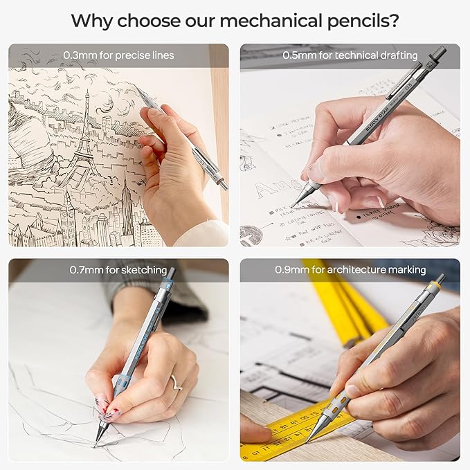 Nicpro 4 Pack Blocky Gear 0.3, 0.5, 0.7, 0.9 mm Metal Mechanical Pencils Set with Case, Lead Drafting Pencil with 8 Tube Lead Refills(HB 2B), Erasers, Eraser Refills for Art Writing Sketching Drawing