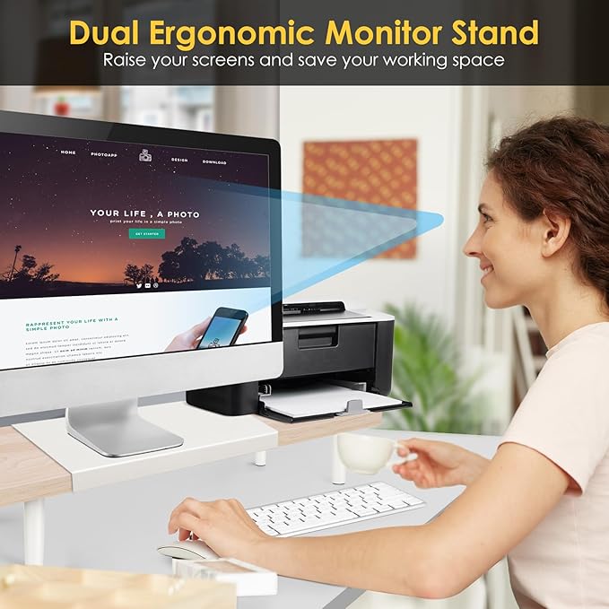 Dual-Monitor-Stand-Riser-For-Desk Adjustable Length 32-40 Inch,Large Desktop Computer Monitor Riser For 2 Screens,Desk Shelf Organizer Riser Stand For Computer/Laptop/PC/Printer/TV Maple