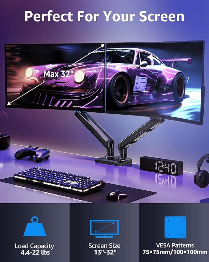 Dual Monitor Mount for 32 27 24 22inch Screens, Gas Spring Monitor Stand for 2 Monitor, Full Adjustable Monitors Desk Mount with C-Clamp&Grommet Base, Each Arm Holds 4.4-22 lbs, Freelift Pro Black