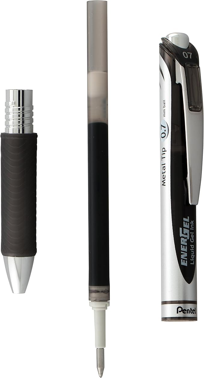 Pentel EnerGel RTX Retractable Liquid Gel Pen, (0.7mm), Medium Line, Metal Tip, Black Ink, Window (BL77PC12A1) (Pack of 1, 12 Count Total)