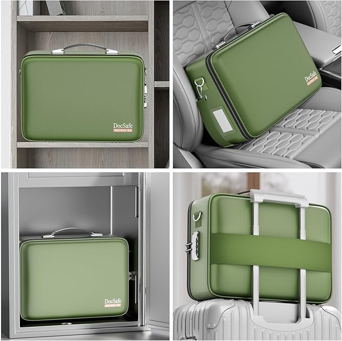 DocSafe Fireproof Document Box with Lock&Shoulder Strap,Hard Case File Organizer with Accordion File Folder,Multi-Layer Portable Home Office Travel Safe Storage for Important Documents Laptop Green