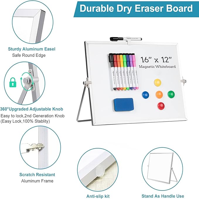 Dry Erase White Board, Cazeyoo Magnetic Desktop Whiteboard 16 x 12inch with Stand, 10 Markers, 4 Magnets and 1 Eraser, Portable Double-Sided White Board for Kids Drawing, Office, Home, School - White