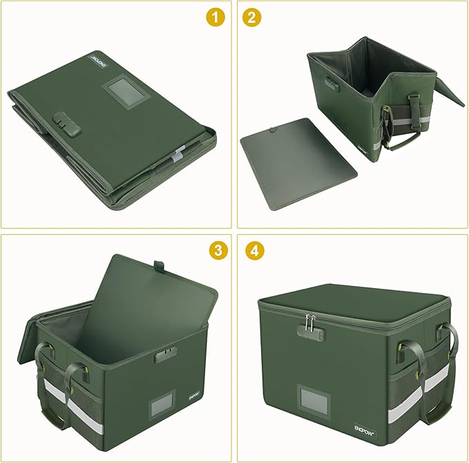 ENGPOW File Box with Lock, Fireproof Document Box with Zipper Lid, Collapsible File Storage Organizer Filing Cabinet with Handle, Portable Home Office Safe for Hanging Letter/Legal Folders, Green