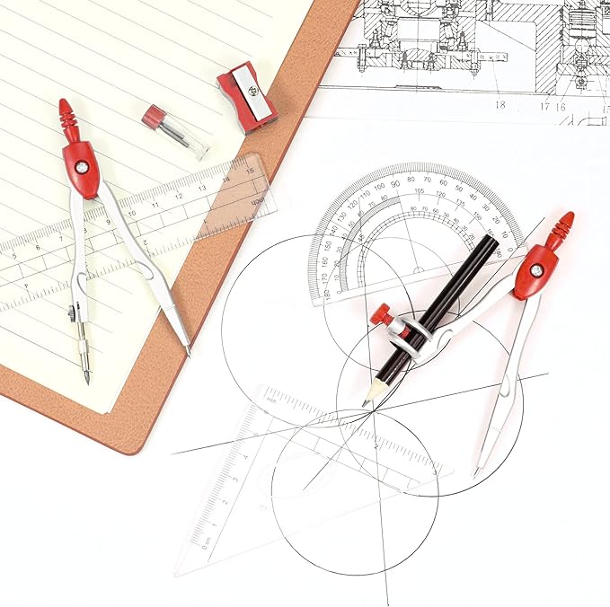 Math Geometry Kit Sets 10 Piece Student Supplies with Shatterproof Storage Box,Includes Rulers,Protractor,Compass,Eraser,Pencil Sharpener,Lead Refills,Pencil,for Drafting and Drawings(Red)